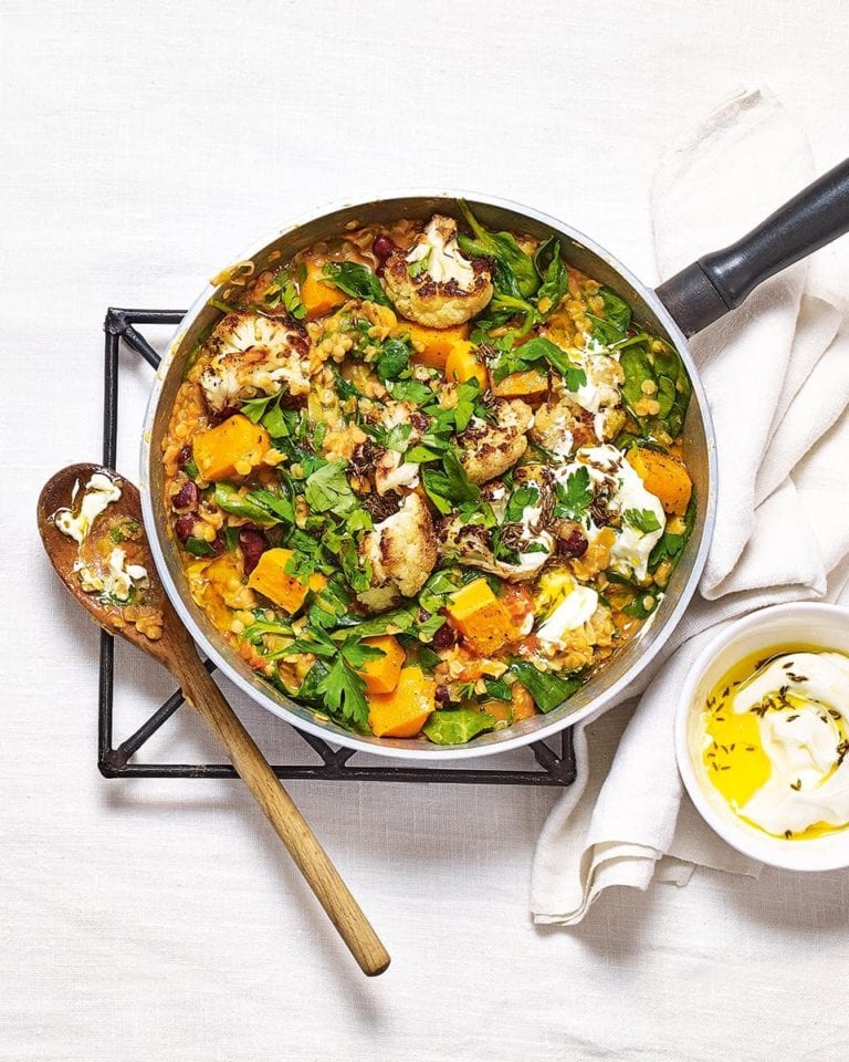 Spinach dhal with roasted cauliflower and squash