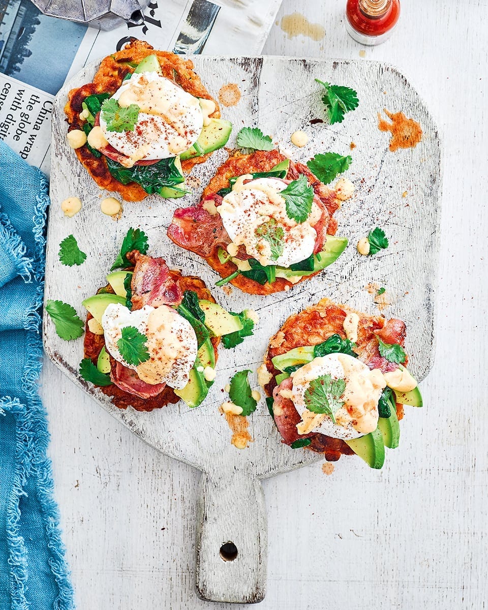 Eggs benedict with sweetcorn fritters recipe delicious. magazine
