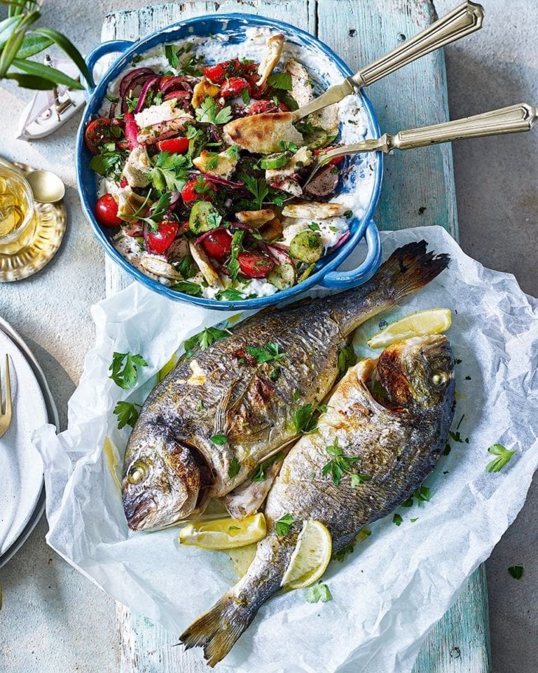 Fattoush salad with chargrilled sea bream recipe | delicious. magazine