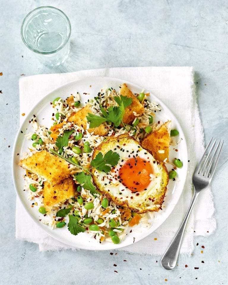 Fish finger kimchi rice with edamame and a fried egg