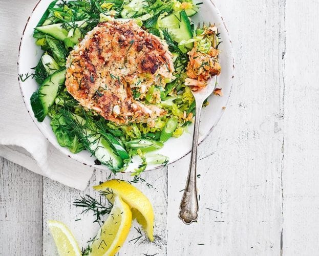 Hot-smoked salmon fishcakes and green salad