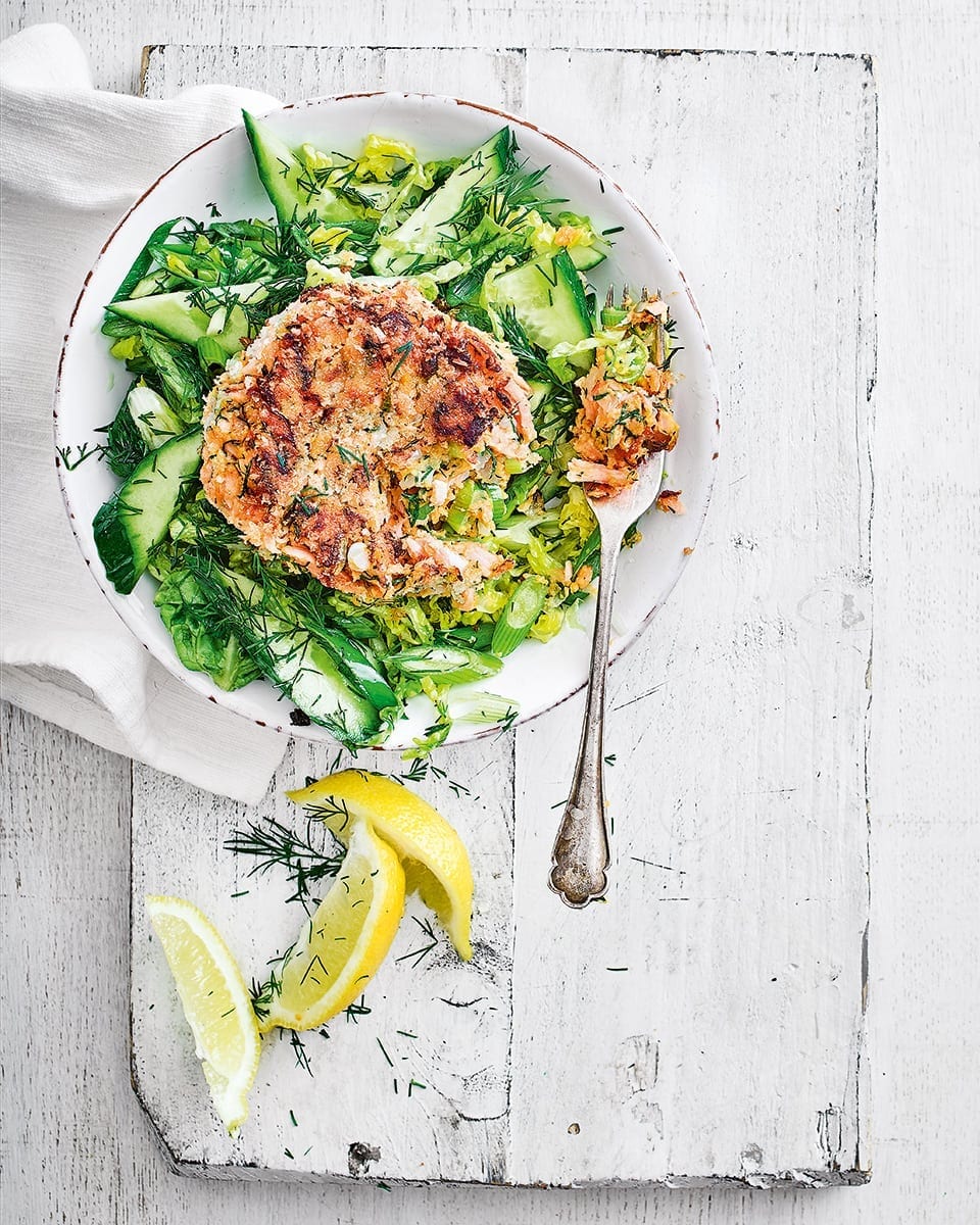 Hotsmoked salmon fishcakes and green salad recipe delicious. magazine