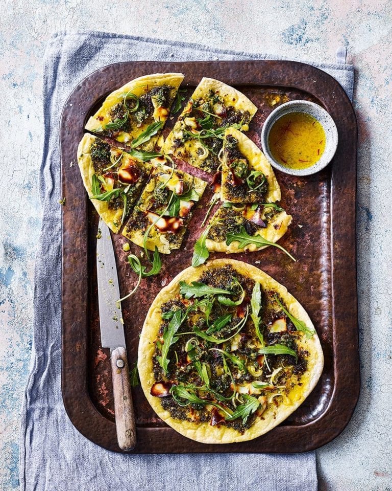 Flatbreads with raisin, pine nut & caper pesto