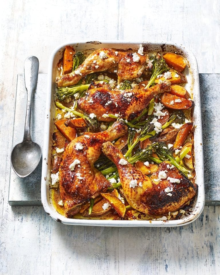 Pomegranate and sweet potato chicken traybake