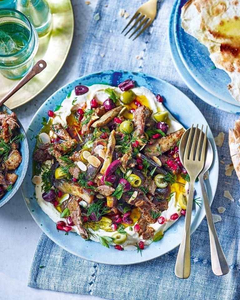 Lamb and aubergine stew with houmous