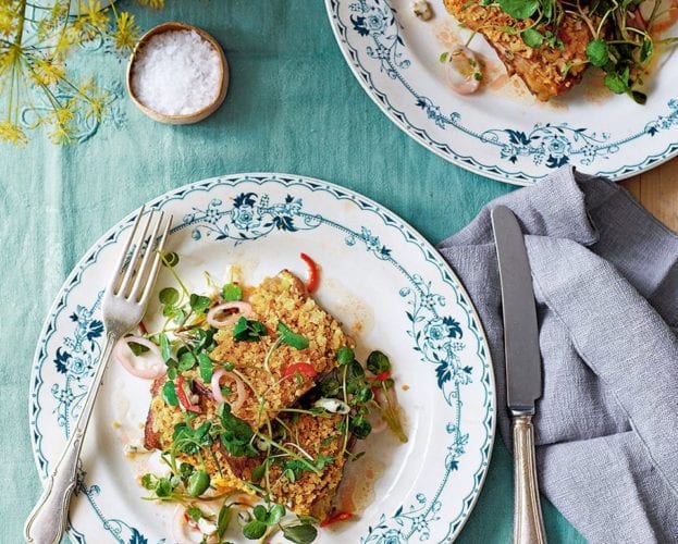 Crumbed breast of lamb with watercress and roquefort salad