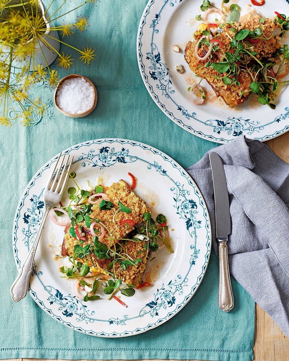 Crumbed breast of lamb with watercress and roquefort salad recipe | delicious. magazine