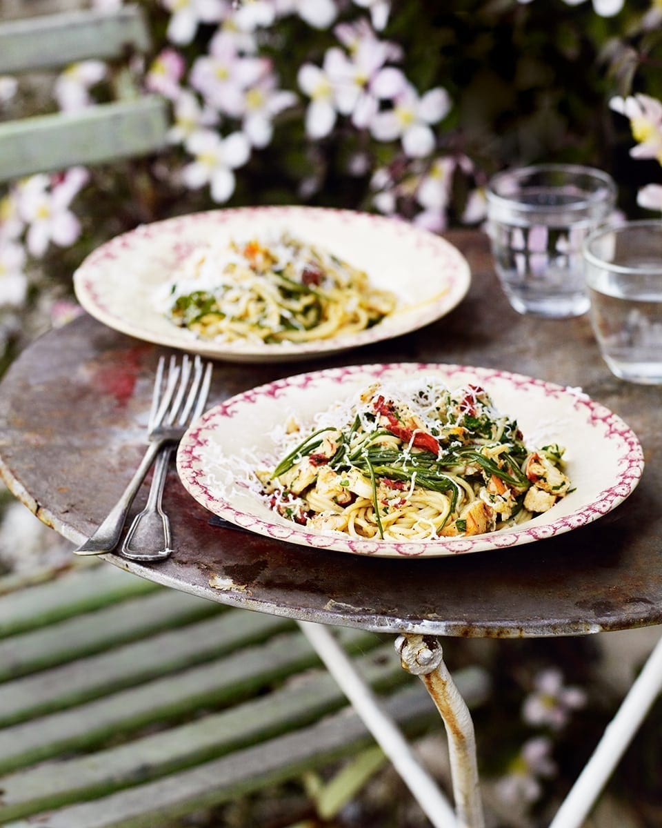 Lobster spaghetti with samphire and sheep's cheese recipe | delicious. magazine