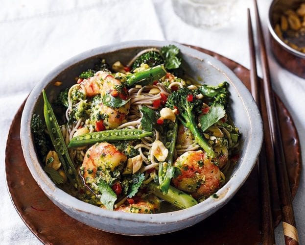 Soba noodle and prawn salad with coriander and peanut pesto