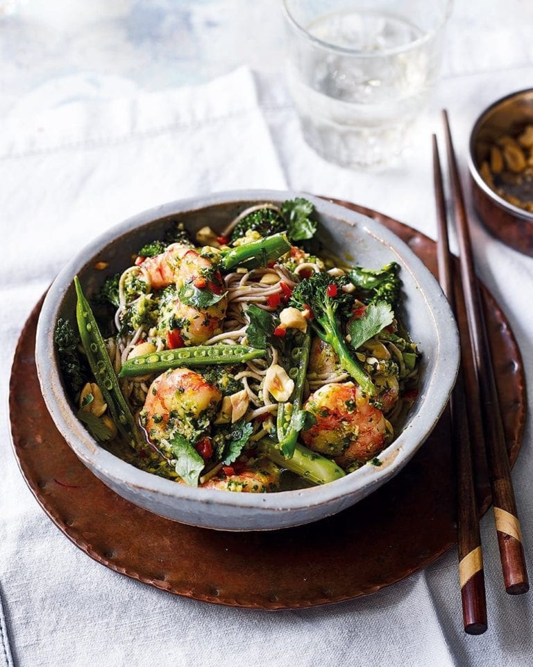 Soba noodle and prawn salad with coriander and peanut pesto