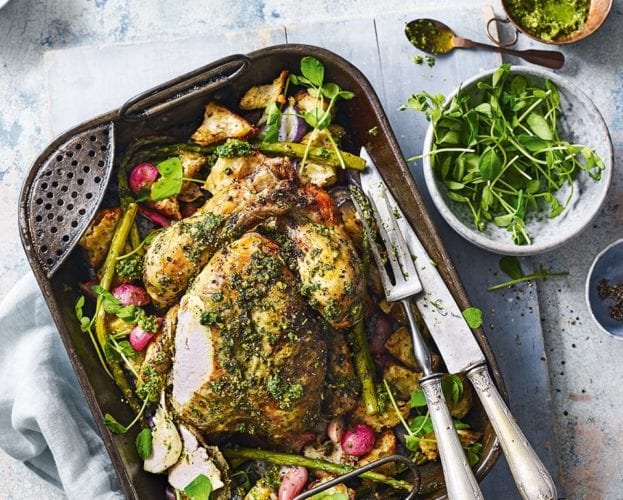 Roast chicken with basil, mint and pistachio pesto
