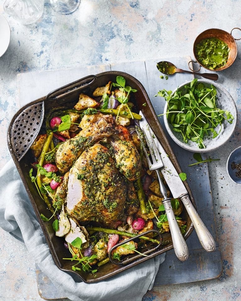Roast chicken with basil, mint and pistachio pesto