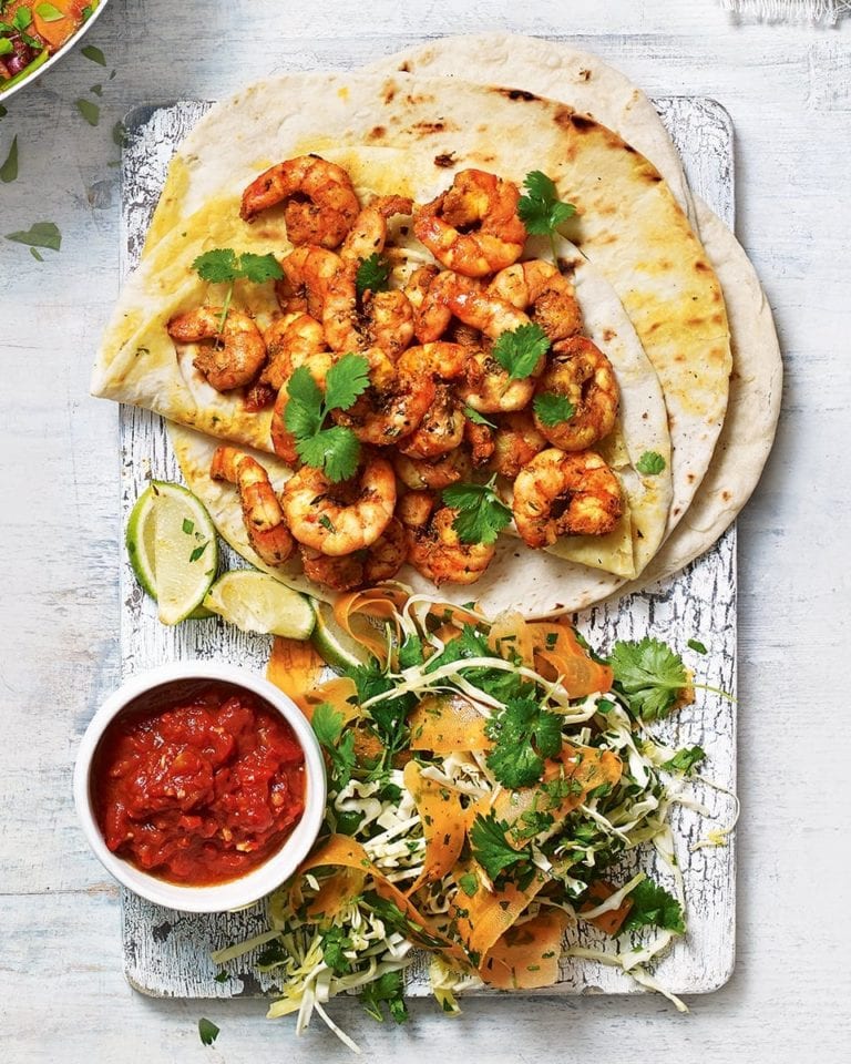 Griddled Bajan spiced prawn wraps with chunky tomato sauce