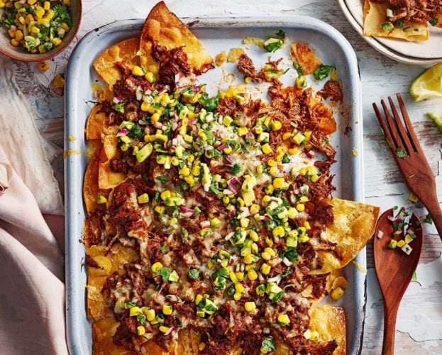 Nachos with pulled pork and sweetcorn salsa