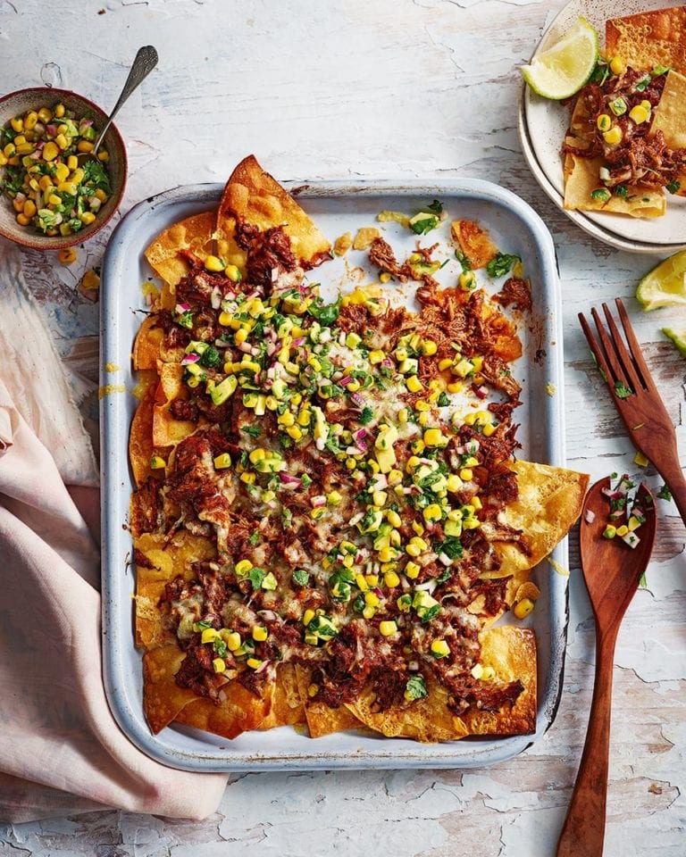 Nachos with pulled pork and sweetcorn salsa