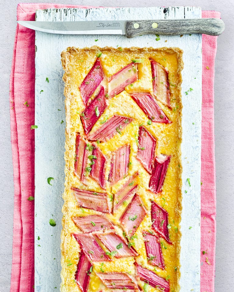 Rhubarb, lime and ginger custard tart