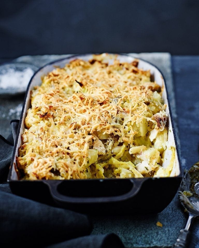 Smoked haddock, savoy cabbage and potato gratin recipe delicious