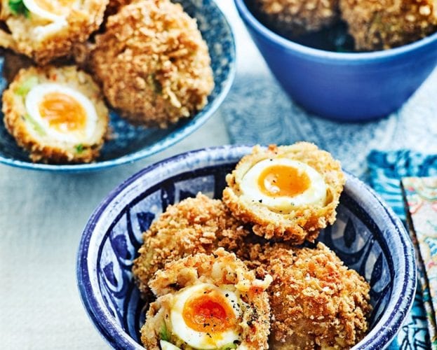 Prawn toast scotch eggs