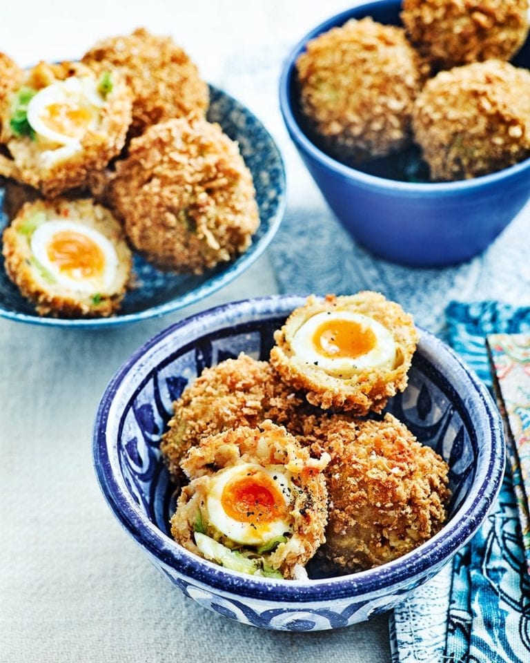 Prawn toast scotch eggs