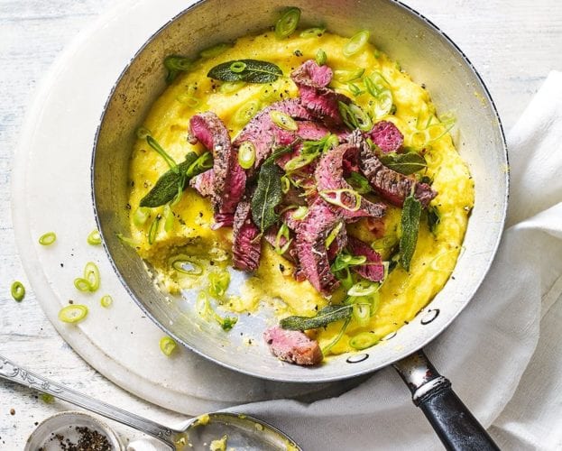 Steak with sage and cheese and onion polenta
