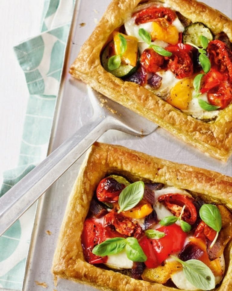 Mediterranean veg, pesto and goat’s cheese tarts