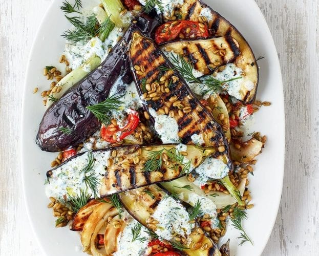 aubergines and freekeh