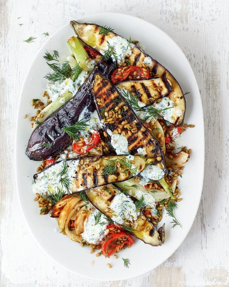 Aubergine steaks with freekeh salad and buttermilk dressing