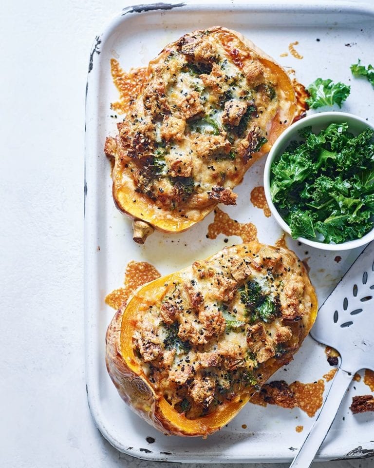 Cheese and onion stuffed butternut squash – video