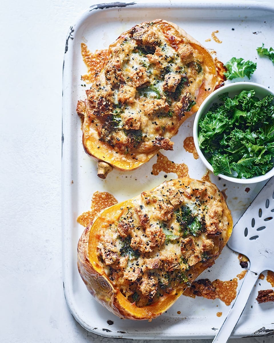 Cheese and onion stuffed butternut squash video delicious. magazine