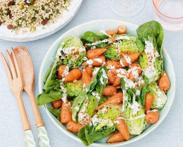 Roasted baby carrot salad with creamy feta dressing