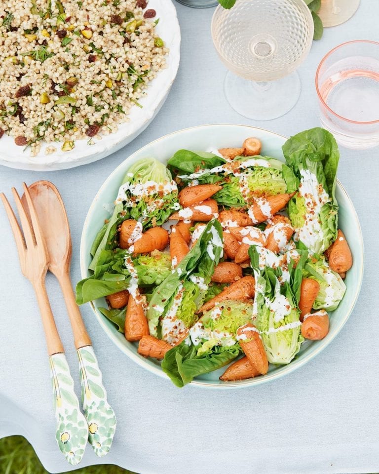 Roasted baby carrot salad with creamy feta dressing