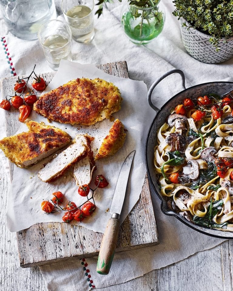 Mushroom tagliatelle alfredo with chicken milanese