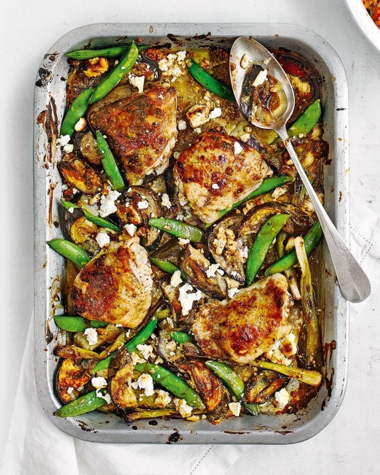 Chicken, feta, tahini and aubergine traybake