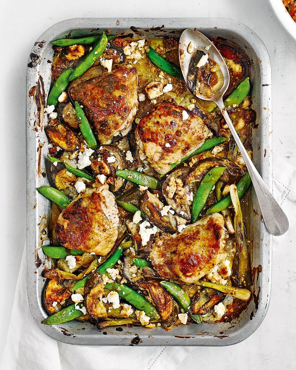 Chicken, feta, tahini and aubergine traybake recipe delicious. magazine