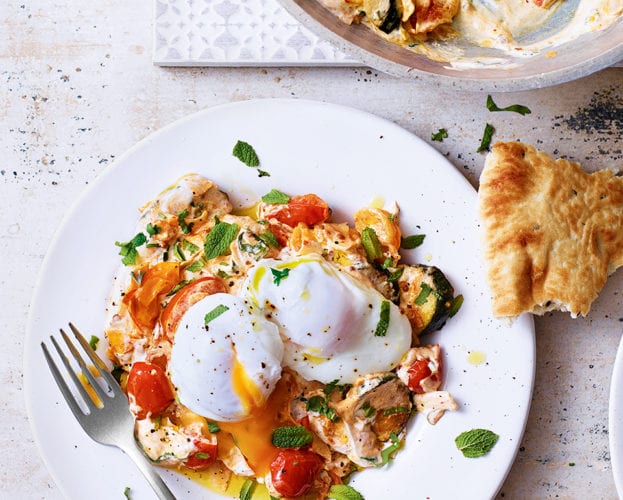 Courgettes with chilli-spiced yogurt and poached eggs