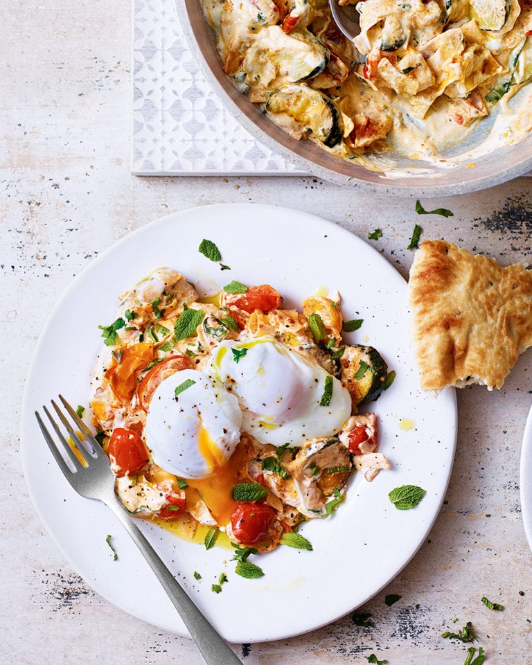 Courgettes with chilli-spiced yogurt and poached eggs