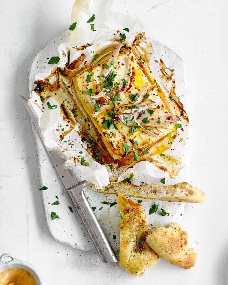 Baked feta with honey, chilli and parsley