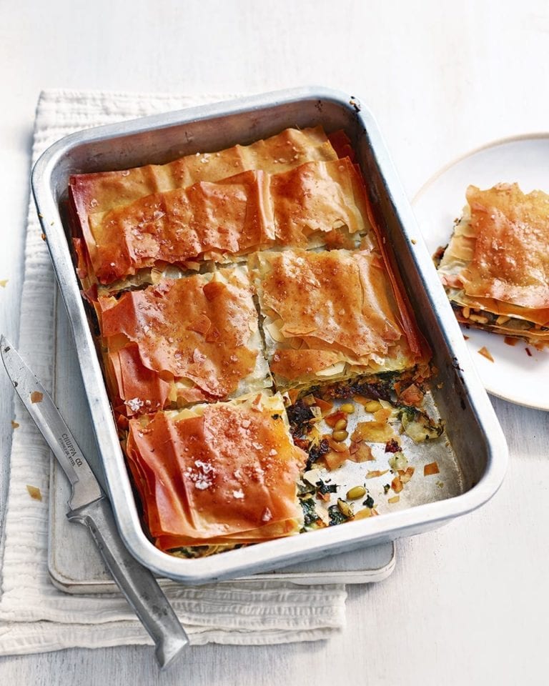 Caramelised onion, spinach and goat’s cheese filo pie