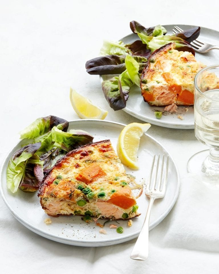 Salmon, sweet potato and pea frittata