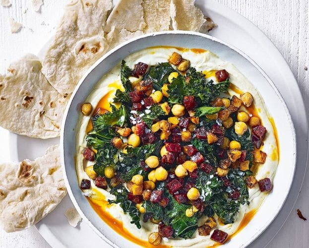 Houmous bowl with chorizo and crispy kale