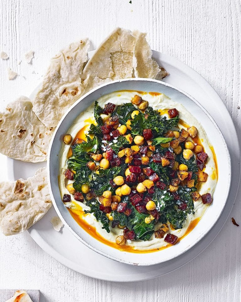 Houmous bowl with chorizo and crispy kale