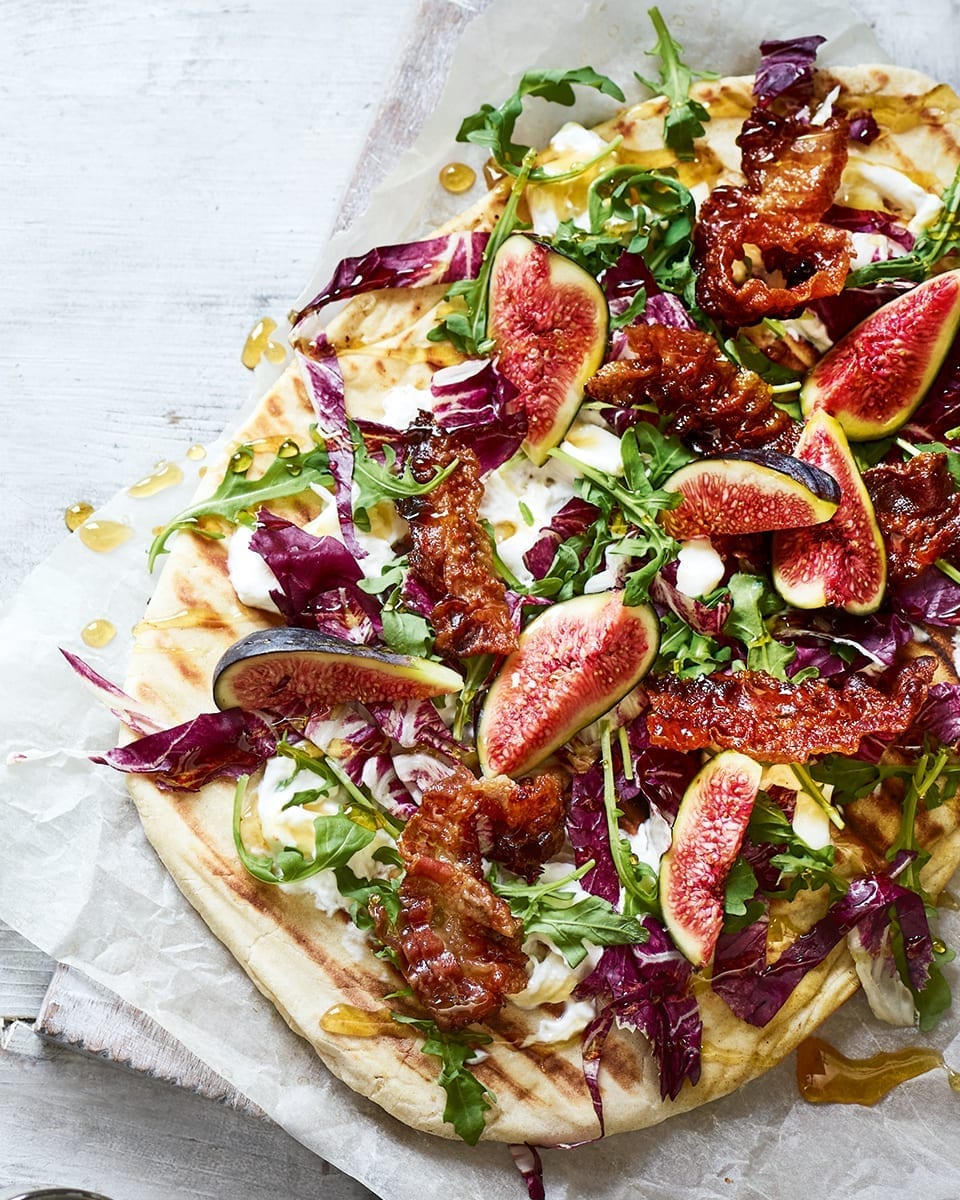 Fig, pancetta and burrata pizzas recipe delicious. magazine