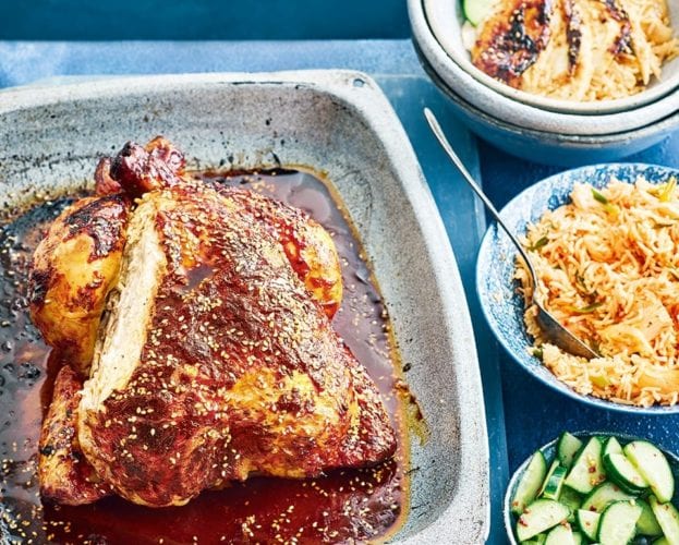 Korean-spiced roast chicken with kimchi fried rice
