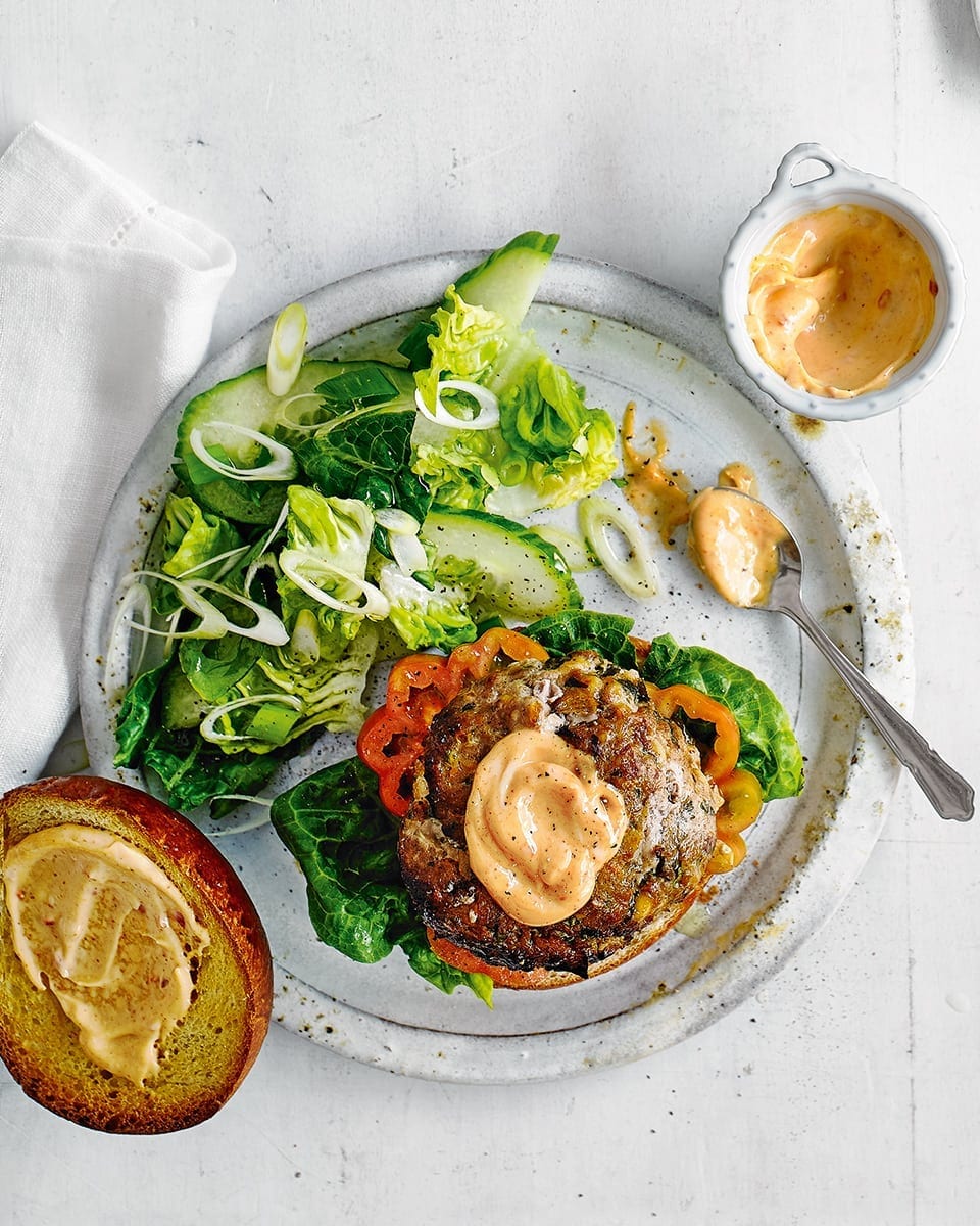 Lamb, harissa and feta burgers recipe delicious. magazine