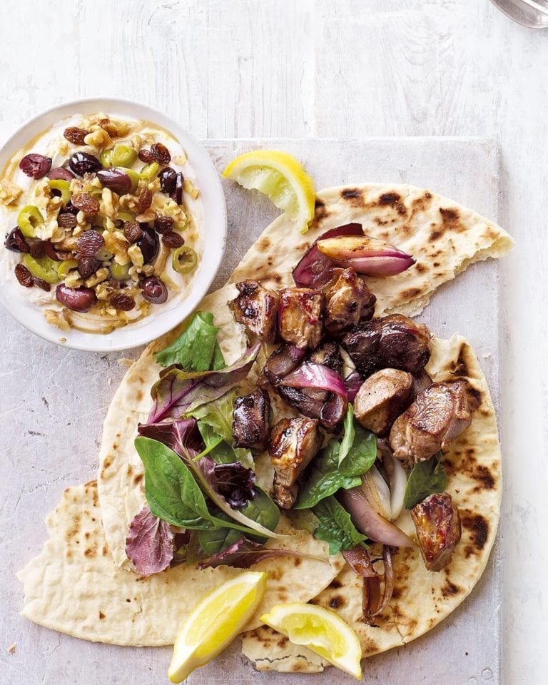 Lamb shish with olive and walnut tahini