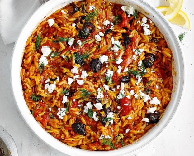 Tomato, dill, olive and feta orzo