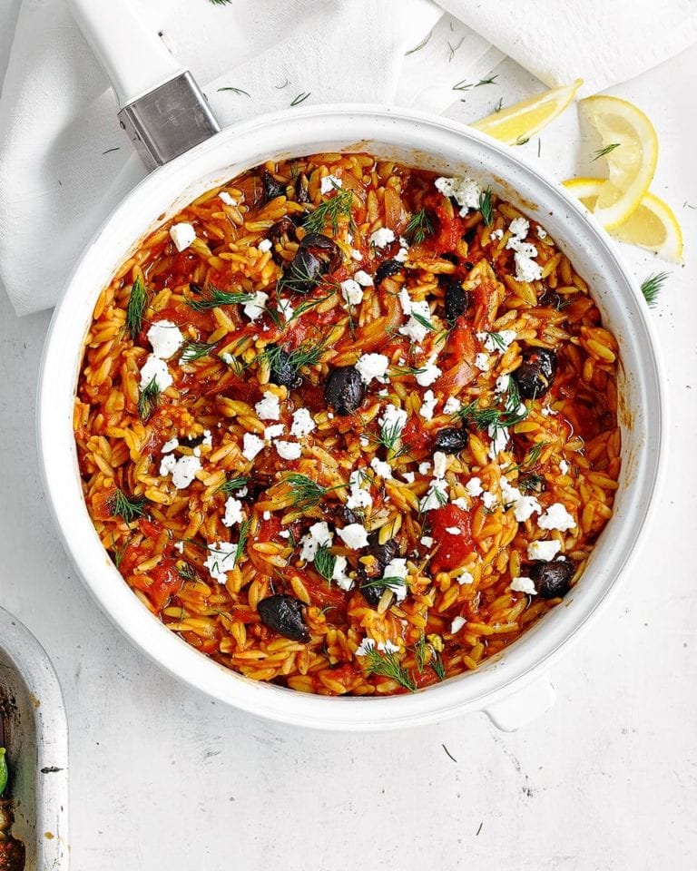 Tomato, dill, olive and feta orzo