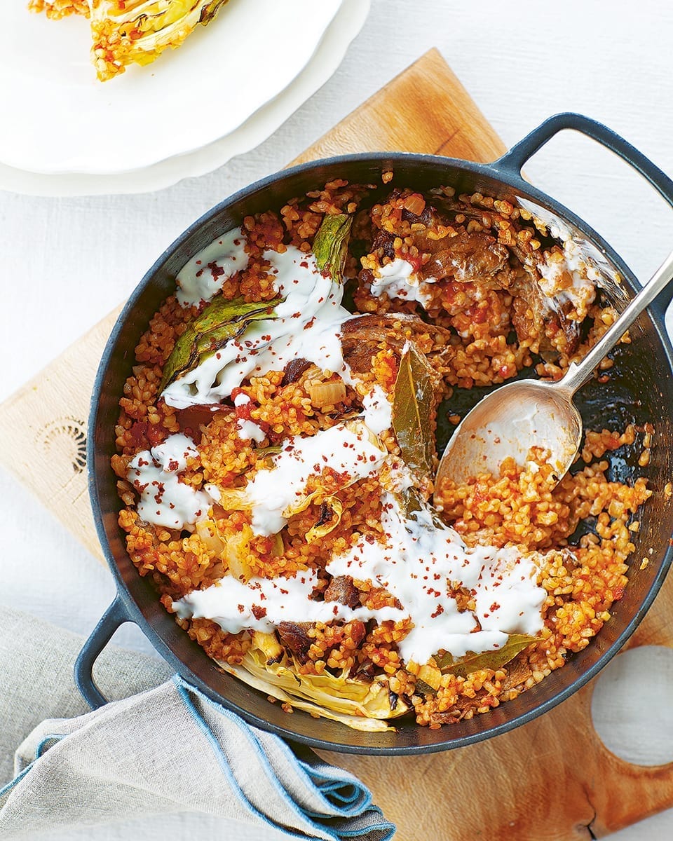Kid, Cabbage, Bulgur Wheat and Tomato Pilaf recipe | delicious. magazine