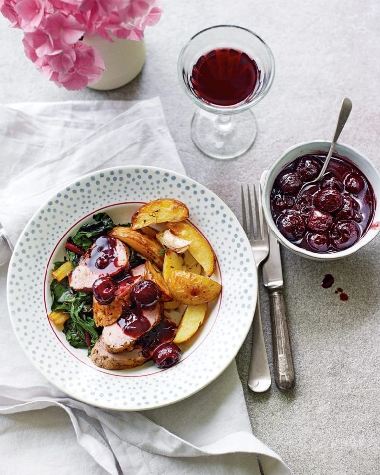 Pan-seared pork tenderloin with cherry and red wine sauce