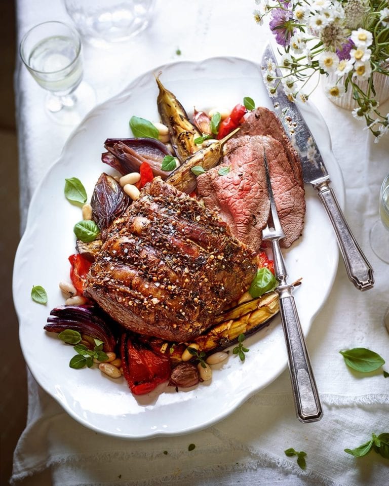 Roast beef with aubergine, peppers and cannellini beans